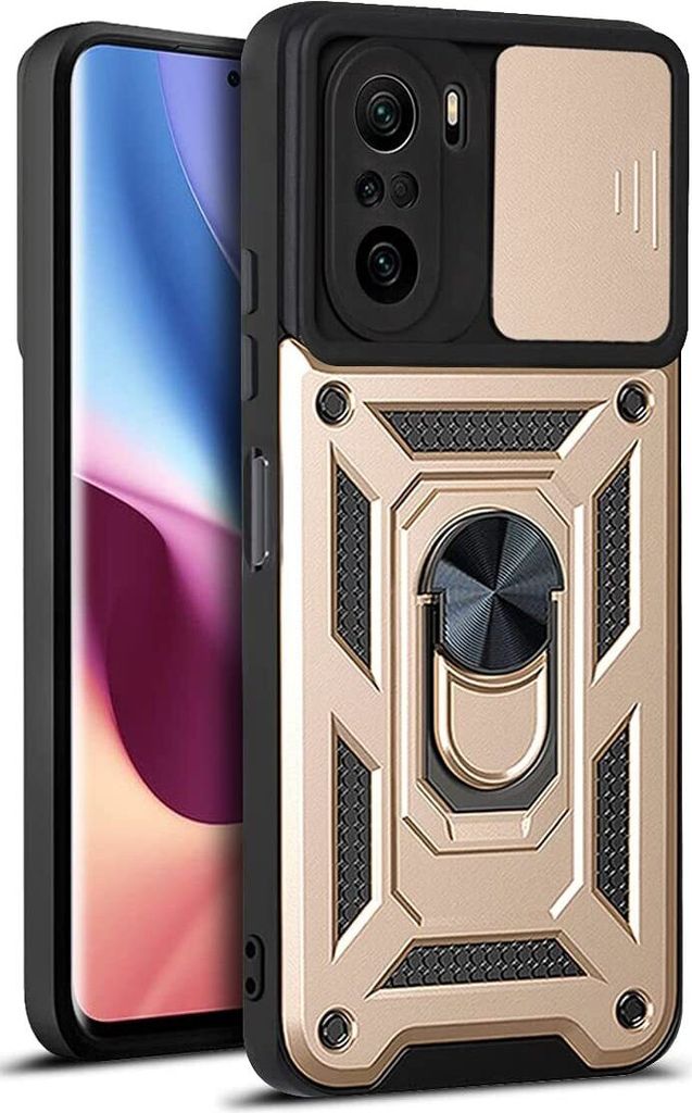Xiaomi Poco F3 Hülle mit 360° Drehbarer Magnetische Ring Ständer Halter Dia Kameraschutz TPU Bumper Silikon Schutzhülle für Xiaomi Poco F3 Gold