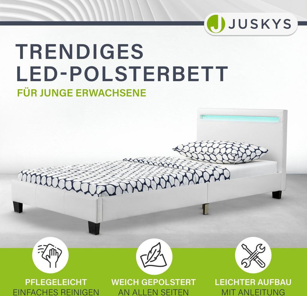 Juskys Polsterbett Verona 90 x 200 cm mit LED, Lattenrost & Produktbild 2