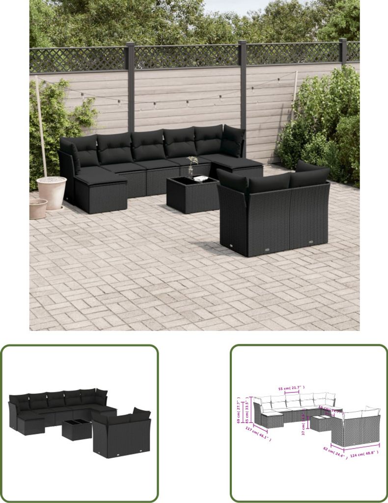 The Living Store 10-tlg. Garten-Sofagarnitur mit Kissen Schwarz Poly Rattan