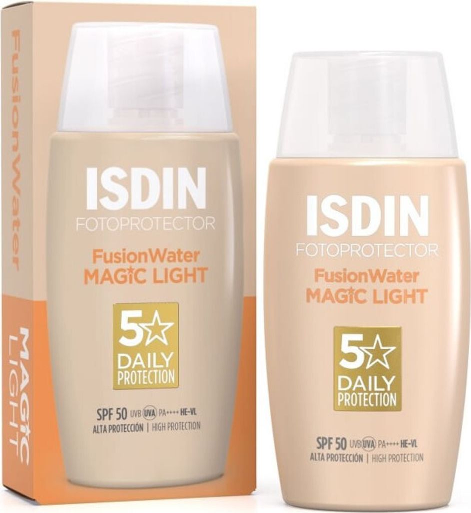 A product shot of ISDIN Fotoprotector Fusion Water Magic Light SPF50 sunscreen, shown both in its box and as a standalone bottle.