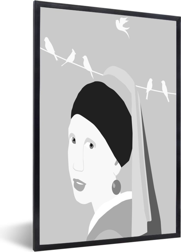 MuchoWow Gerahmtes Poster Girl With A Pearl Earring - Schwarz - Weiß - Vogel 40x60 cm - Poster mit Schwarzem Bilderrahmen Wandposter Rahmen Foto...