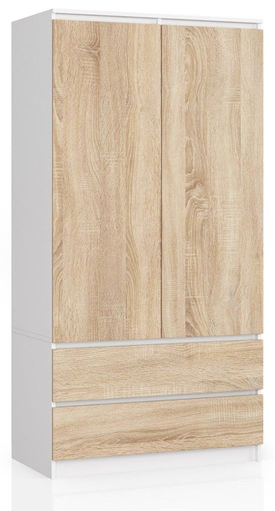Kleiderschrank – Schlafzimmerschrank mit Kleiderstange – Weiß / Sonoma Eiche – 90 cm – Eleganter Drehtürenschrank mit 2 Türen und 2 Schu...