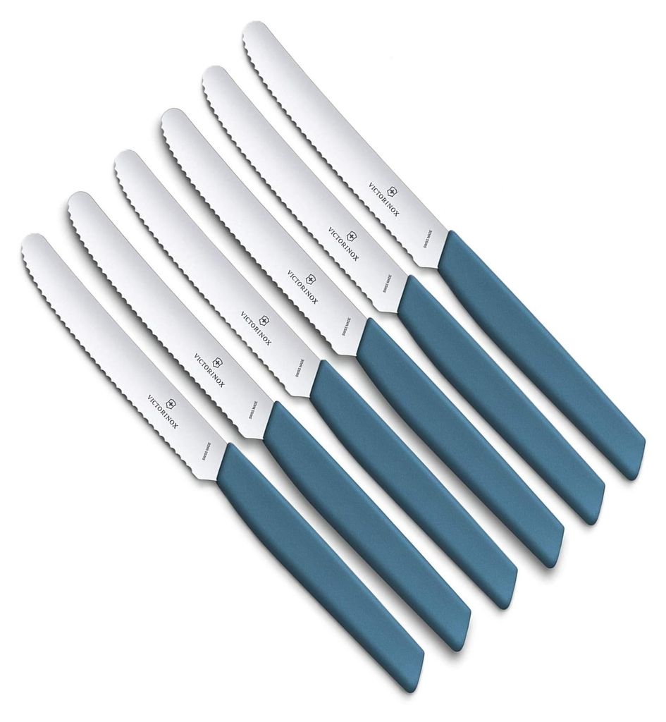 Victorinox 6 Stück Tafelmesser - Tomatenmesser Swiss Modern mit Wellenschliff rostfrei - Swiss Made - Kornblumenblau