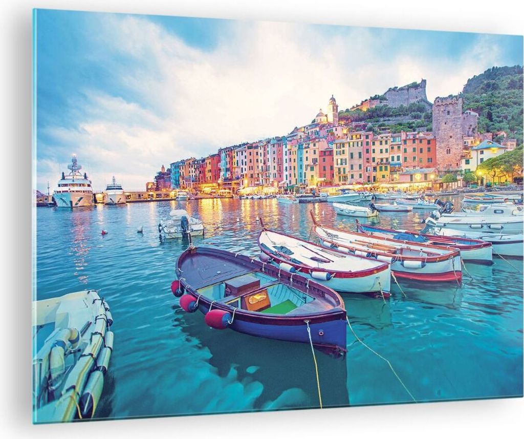 Bilder auf glas - Einteilig - Porto Boote die Farben - 70x50cm - Glasbilder - Wandbilder - Bilder - zum Aufhängen bereit - Wanddekoration aus Glas...