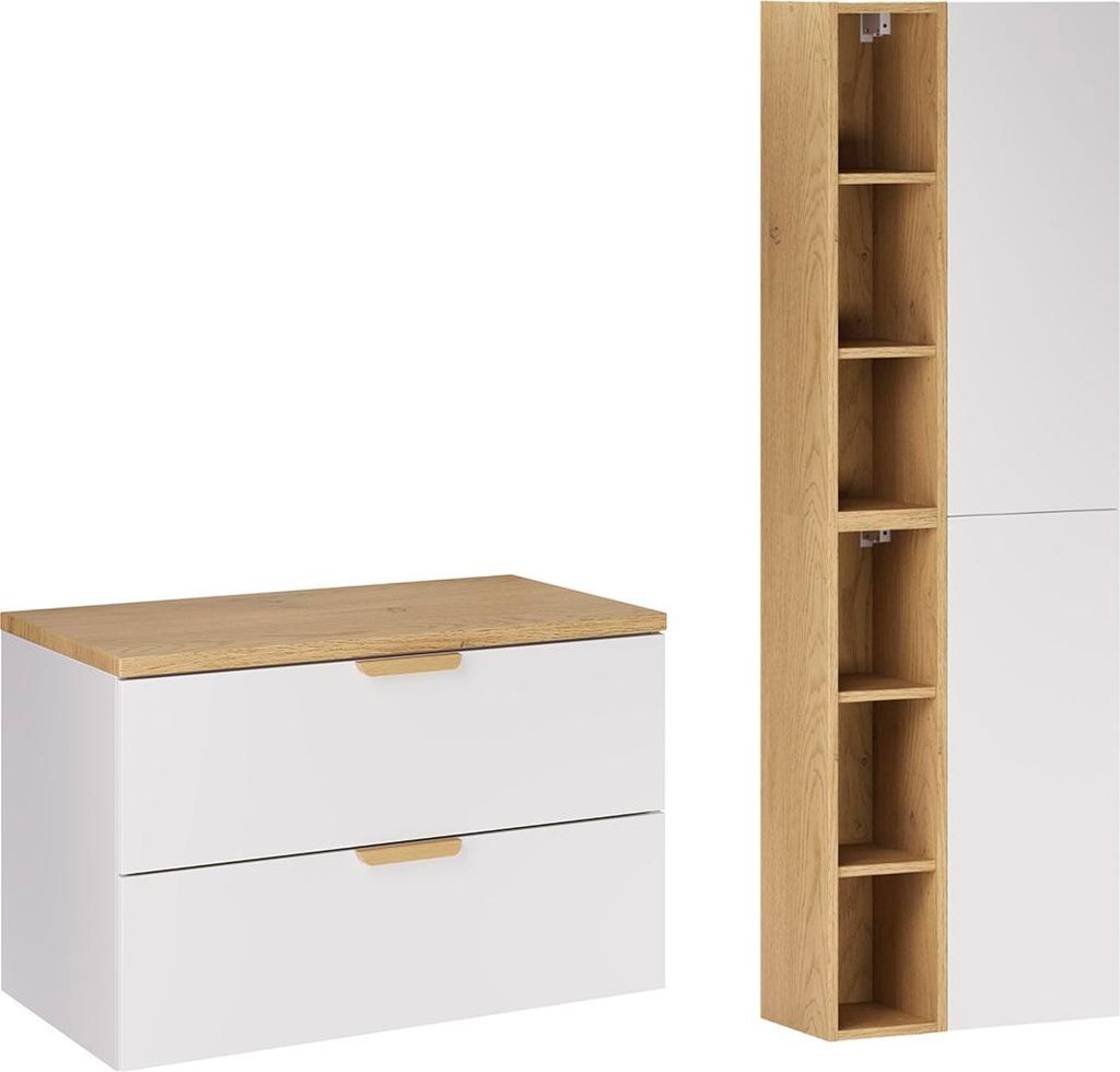 Doppelwaschtisch und Hängesäule 80.6cm Oria mit 2 Schubladen, Weiß