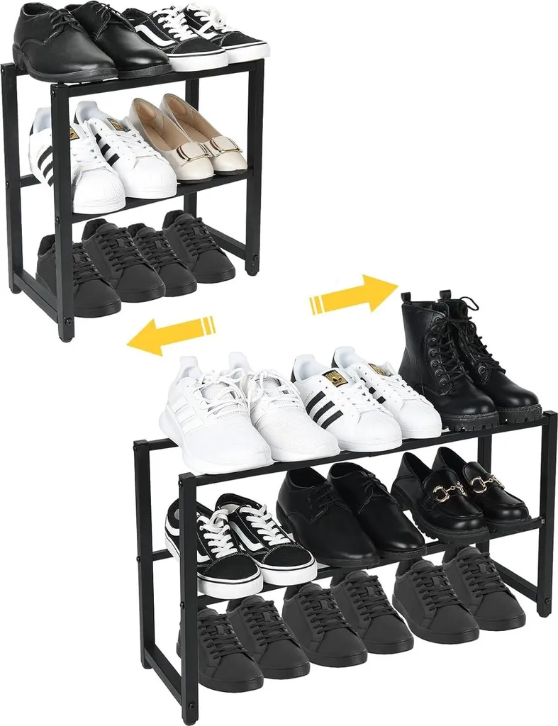 Rangement chaussures anti-désordre étagère inox extensible noire 2 niveaux