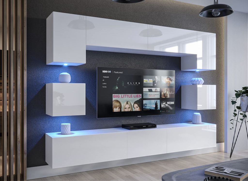 Furnitech Wohnwand Wohnzimmer | Weiß Glänzend | Möbel mit LED Weiß | Schrankwand mit Regale und TV Schrank - AN1