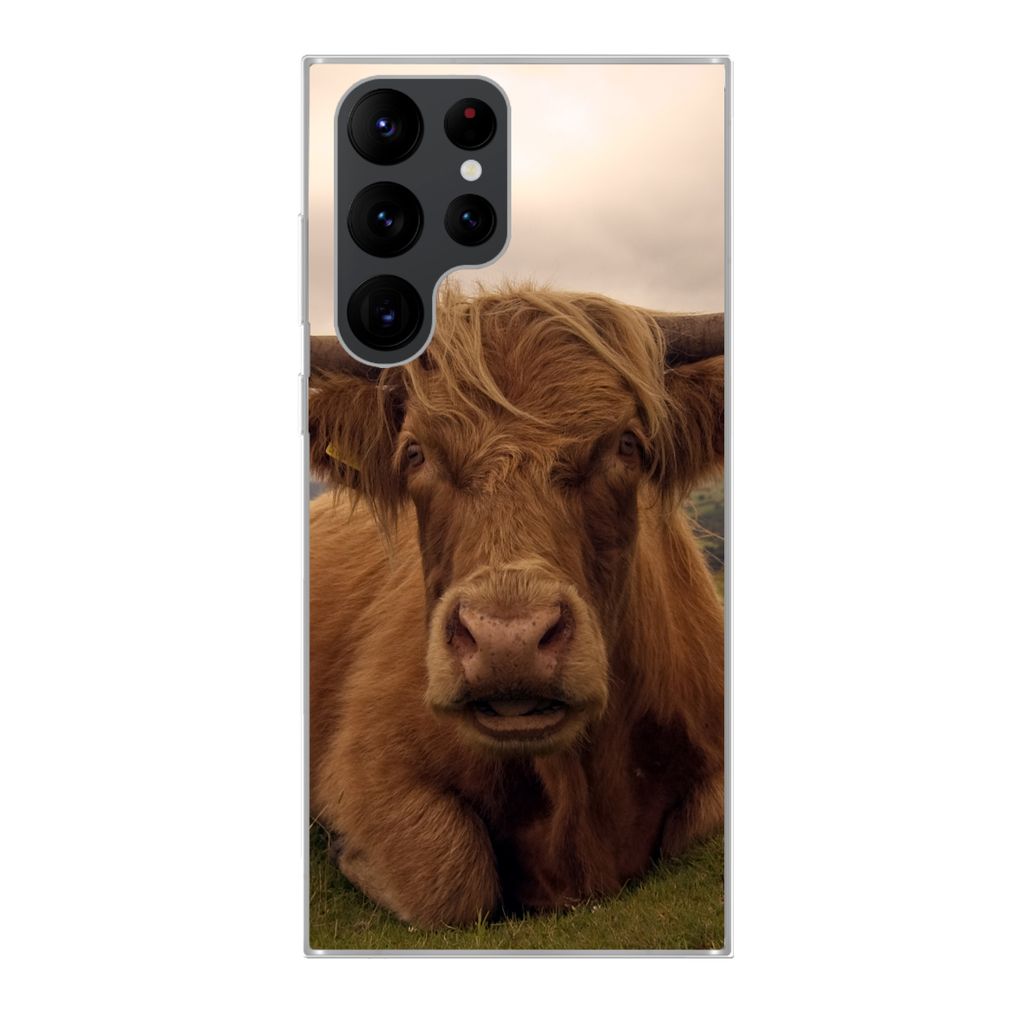 MuchoWow Handyhülle Schutzhülle Hülle für Samsung Galaxy S22 Ultra Schottischer Highlander - Tiere - Berg Silikon Softcase Handy Hülle - Abb...