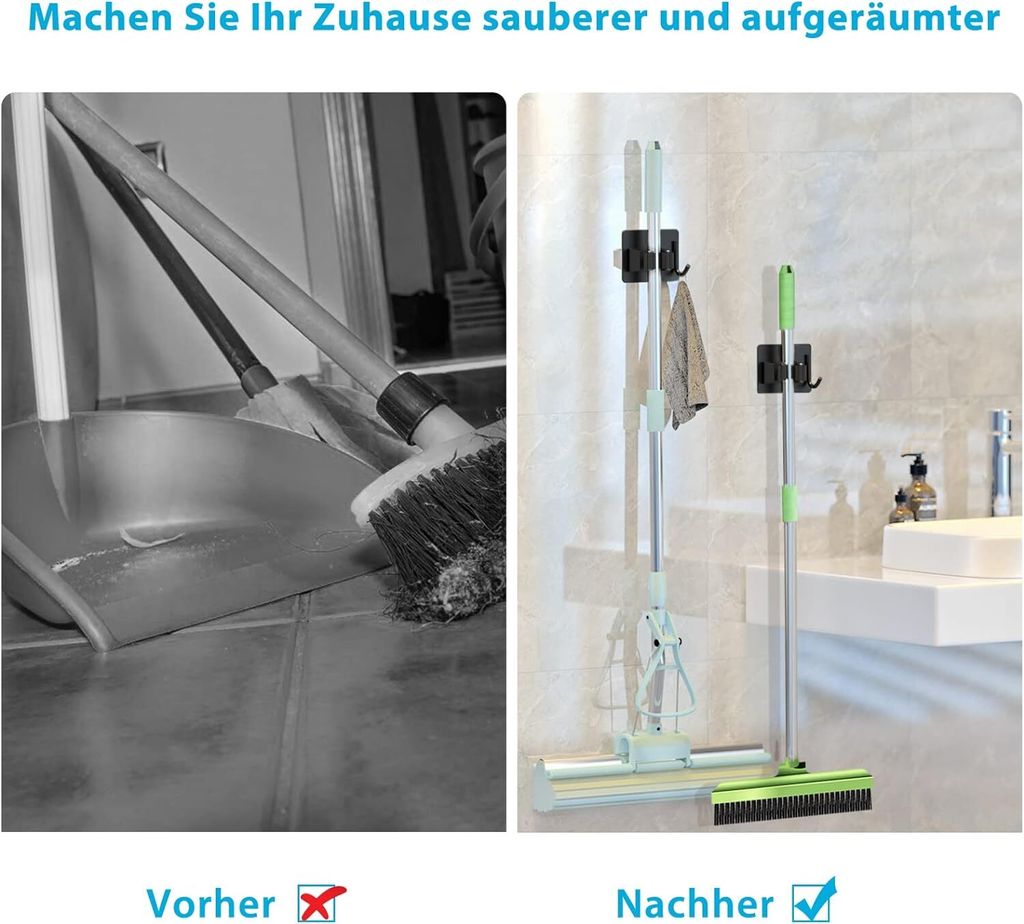 Produktbild von Besenhalterung Wand – Selbstklebend, Saugnapf, Ohne Bohren, Für Stiele Bis 30 Mm Ø, Für Bad, Küche, Garage (grau/transparent)