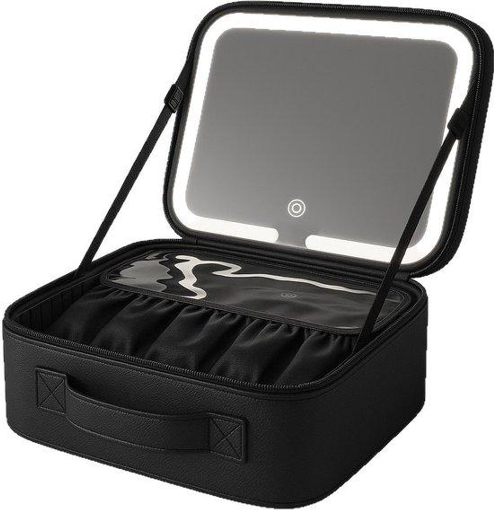 Reise Make-up Koffer mit LED-Spiegel – Schwarzer Make-up Transportkoffer mit beleuchtender Spiegel, tragbarer Organizer mit einstellbaren Scheide...