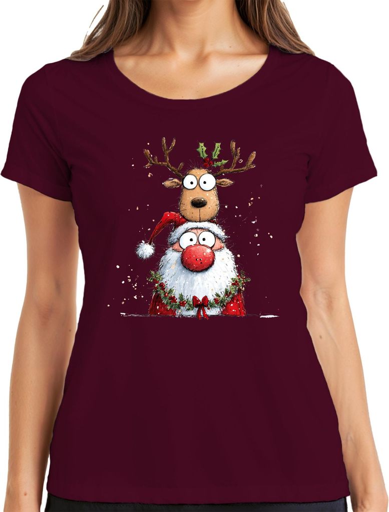 Weihnachtsmann Rentier Cartoon lustig Weihnachten Geschenk Kinder Damen T-Shirt, Burgundy, XXL