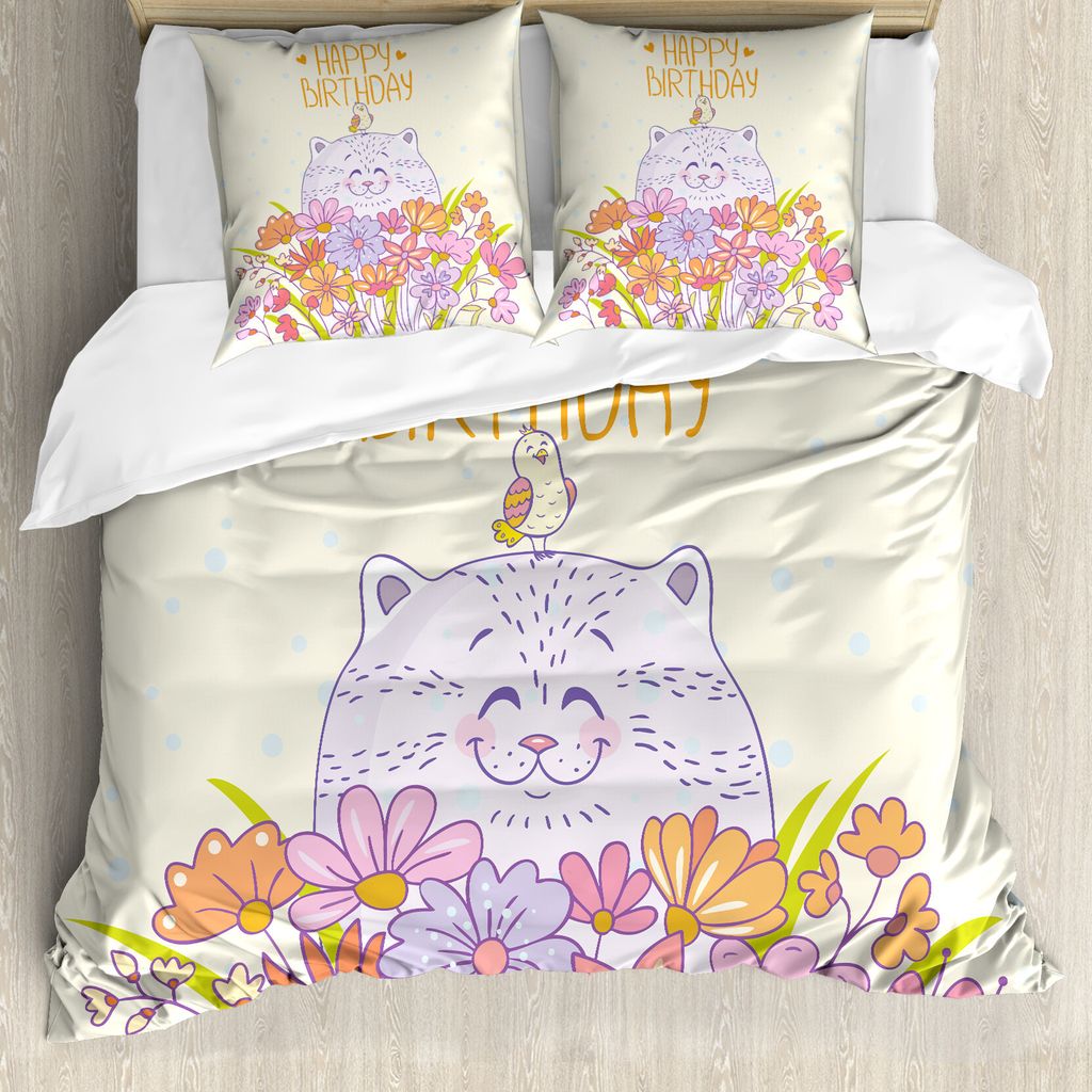 ABAKUHAUS Geburtstag Bettbezug, Happy Cat Vogel-Blumen, Milbensicher Allergiker geeignet mit Kissenbezügen, 200 cm x 200 cm - 80 x 80 cm, Blassgel...