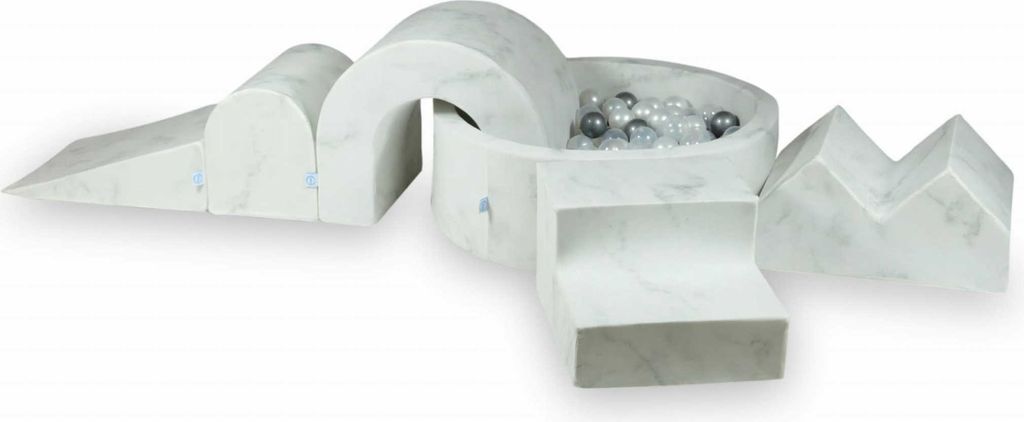 Schaumstoff-Spielset mit rundem Bällebad + 5 Elementen – 90x30 Marmur + 200 Bällebadbälle / transparent, perlmutt, silber