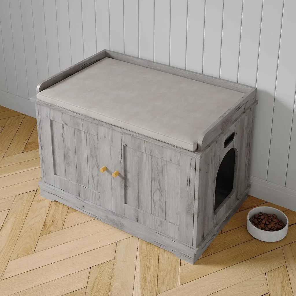 Table d'appoint cache-litière pour chat bois gris - Gain de place XL
