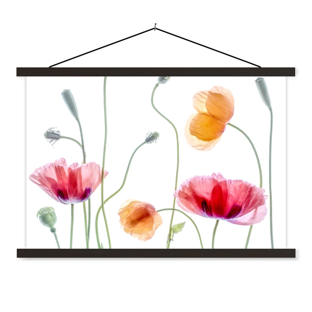 MuchoWow Textilposter Mohn - Blumen - Frühling - Weiß 90x60 cm mit schwarzem Rahmen - Aufhängungssatz