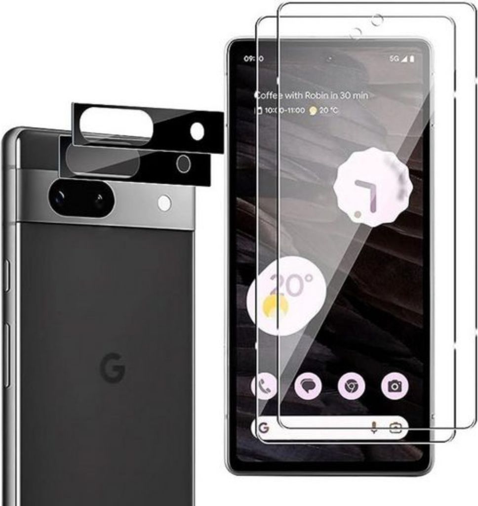 A Google Pixel 7A phone with screen protectors and camera lens protectors.