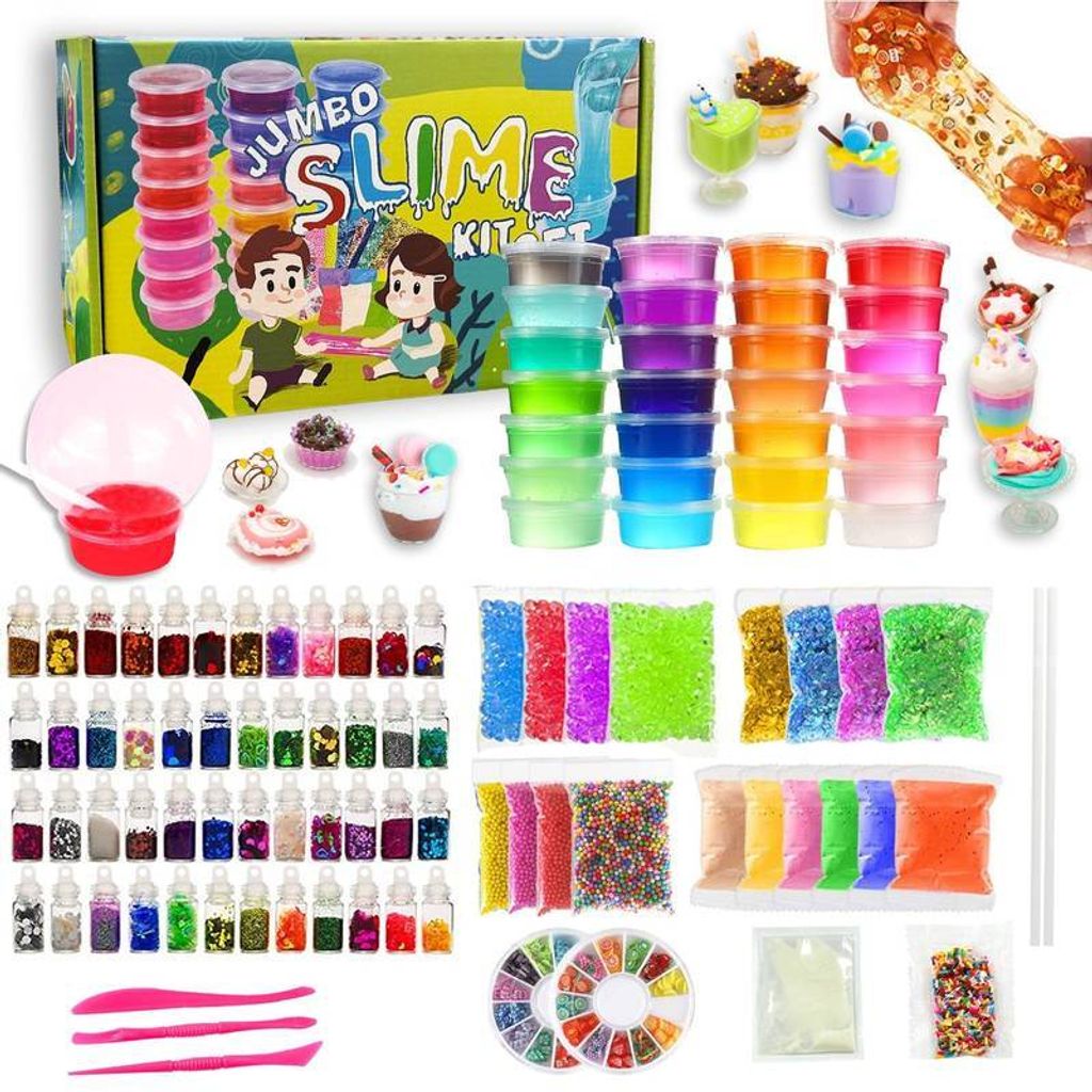 A collage of items included in a jumbo slime making kit, featuring various colors of slime, glitter, beads, and tools.