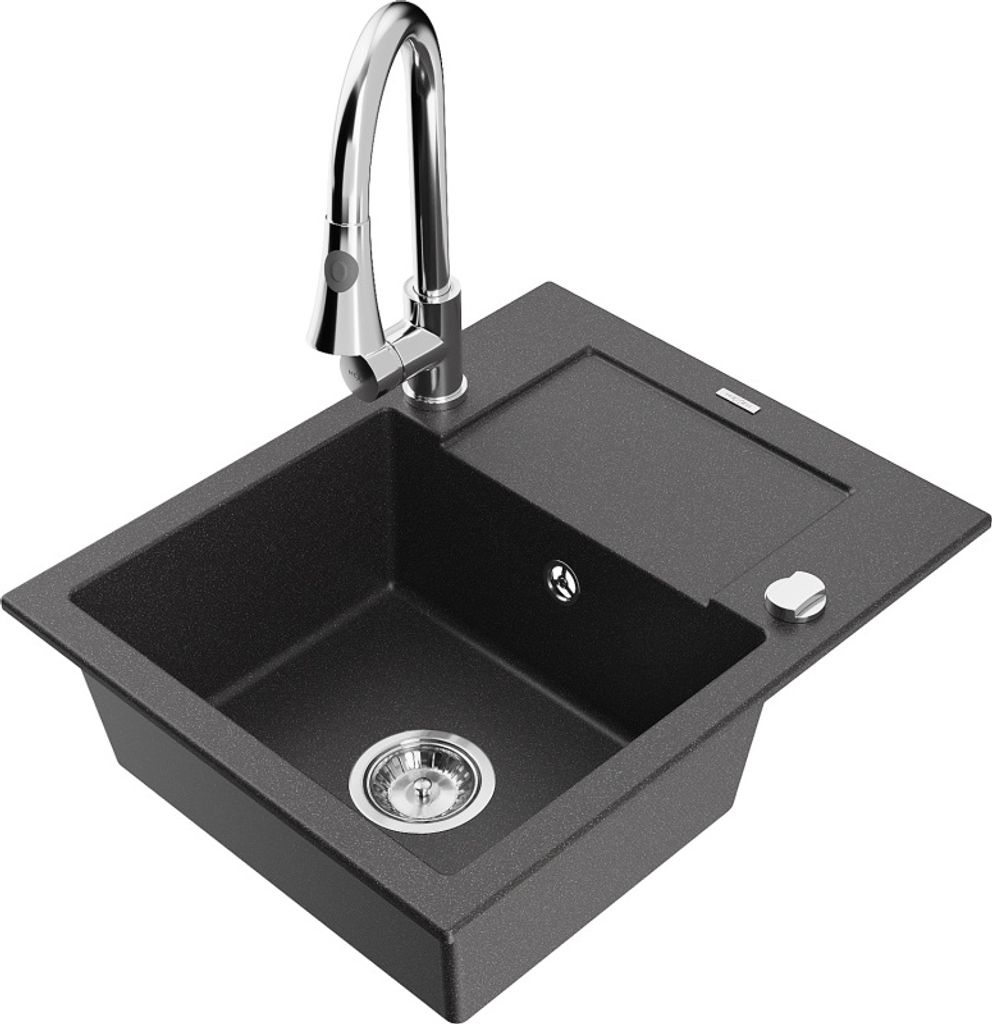Mexen Enzo 1 Becken-Granitspüle mit Abtropffläche und Mischbatterie Elia, Schwarz gesprenkelt - 6506-76-670101-00