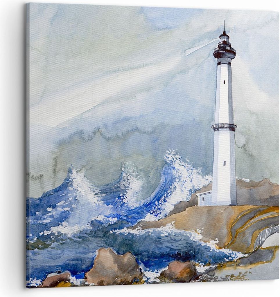 Bild auf Leinwand - Leinwandbild - Leuchtturm Wasser Illustration Welle - 50x50cm - Wand Bild - Wanddeko - Leinwanddruck - Bilder - Kunstdruck - Le...