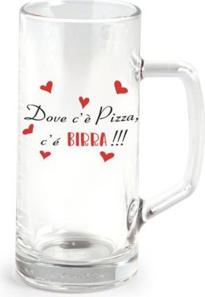 40-cl-Bierglas mit Henkel und dem Slogan „Wo es Pizza gibt, gibt es auch Bier“