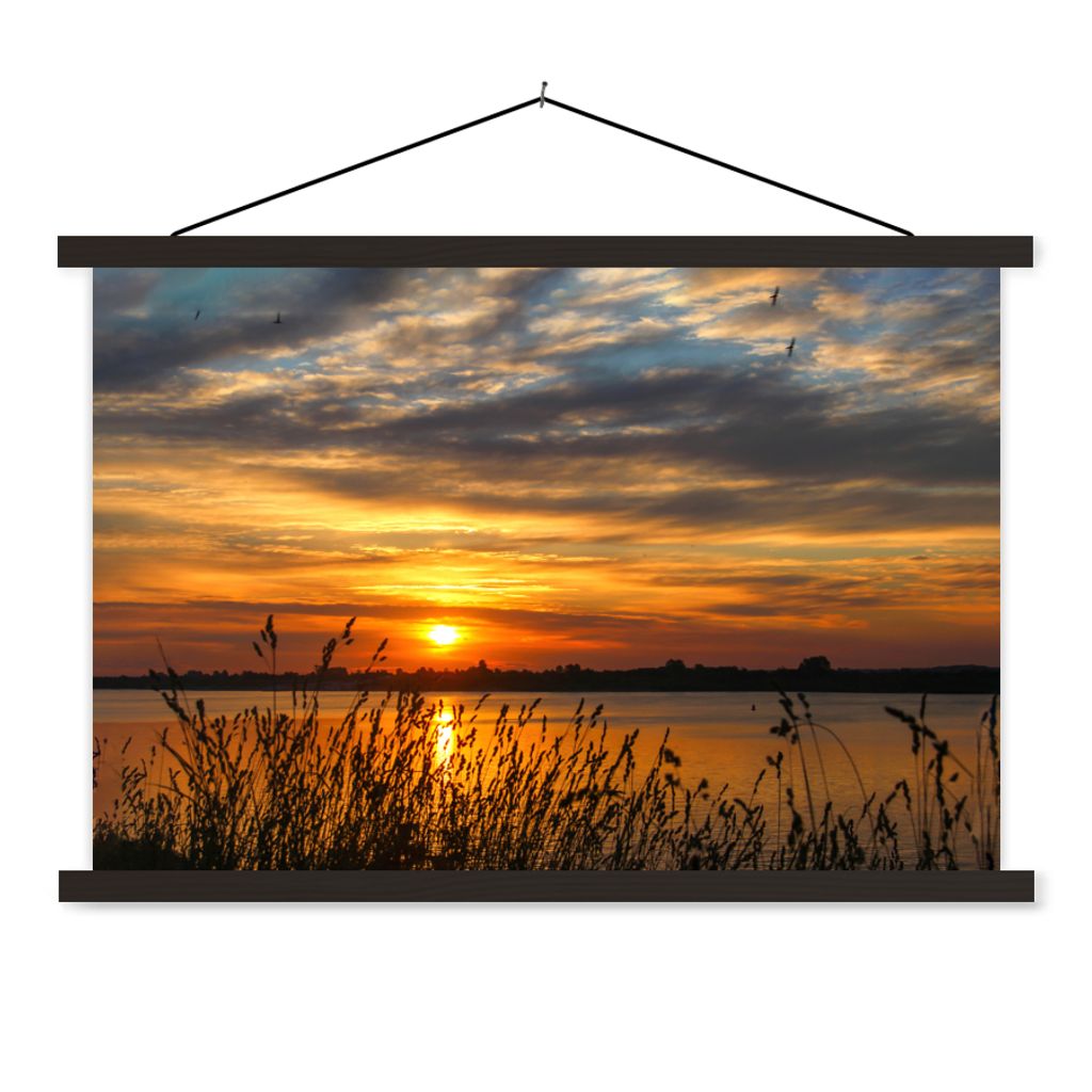 MuchoWow Textilposter Sonnenuntergang - Meer - Horizont - Himmel - Pflanzen 150x100 cm mit schwarzem Rahmen - Schlafzimmer