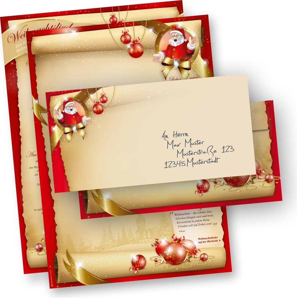 Weihnachtsbriefpapier Set SANTA CLAUS beidseitig (500 Sets ohne Fenster) Briefpapier mit Weihnachtsliedern auf der Rückseite für Weihnachten