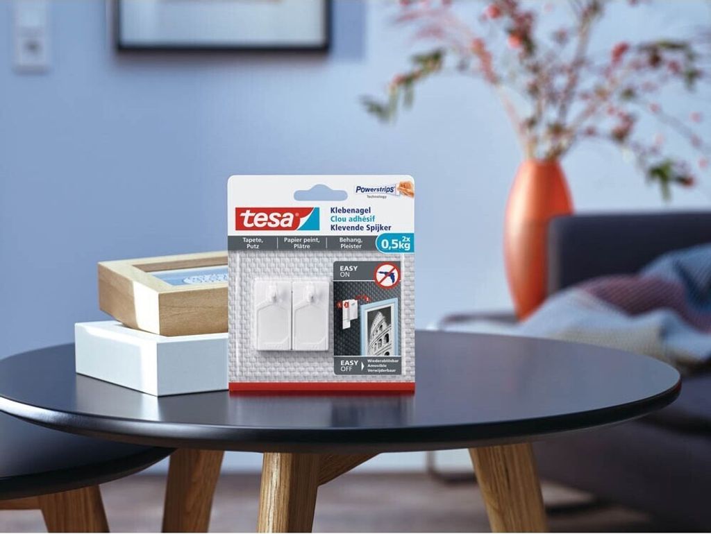 Tesa Powerstrips – Chiodo Autoadesivo Bianco 4 Pezzi – Portata 1 Kg – Rimovibile Senza Forare La Parete