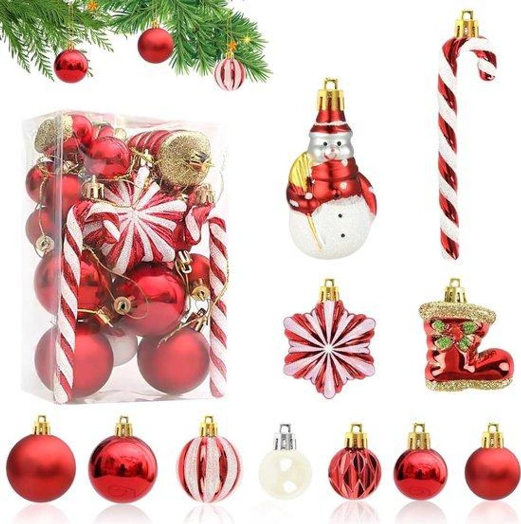 Kerstballen Set 34 Stück Weiß Rot Kerstdekoration für Weihnachtsbaum - Kunststoff Kerstballen in verschiedenen Größen