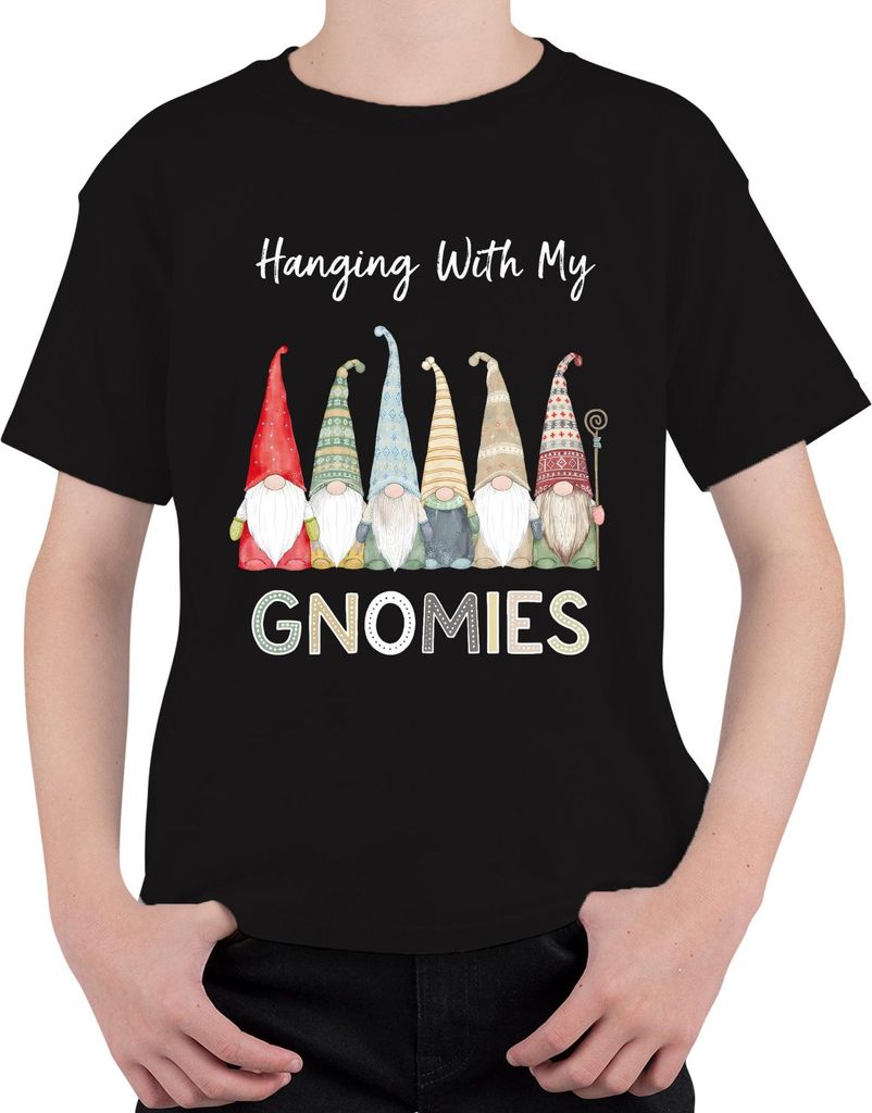Hanging With My Gnomies Weihnachts Wichtel Zwerg Skandinavisch Uni Kinder T-Shirt, Schwarz, 152