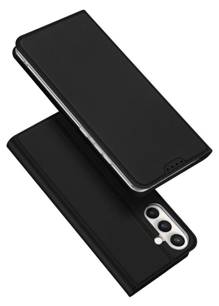 A black flip phone case is shown from a diagonal angle, with the front cover open.