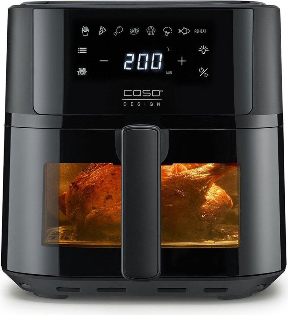 A black air fryer with a transparent window showing two roasted chickens inside. The digital display shows '200' degrees.