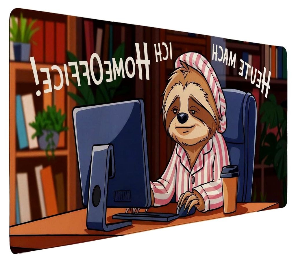 Faultier im Homeoffice Schreibtischunterlage 69x31cm XXL Mauspad Illustration eines faulen Faultiers im Pyjama mit Schlafmütze Kaffeetasse umgeben...