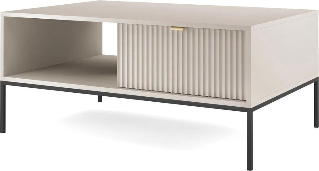 Couchtisch Kioto 104 cm Kaschmir Beige & Schwarz – 2 Schubladen, Rillenfront, Goldene Griffe, Beidseitig