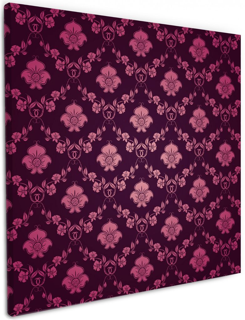 Wallario Premium Leinwandbild Blumenmuster Damast in pink lila in Größe 50 x 50 cm