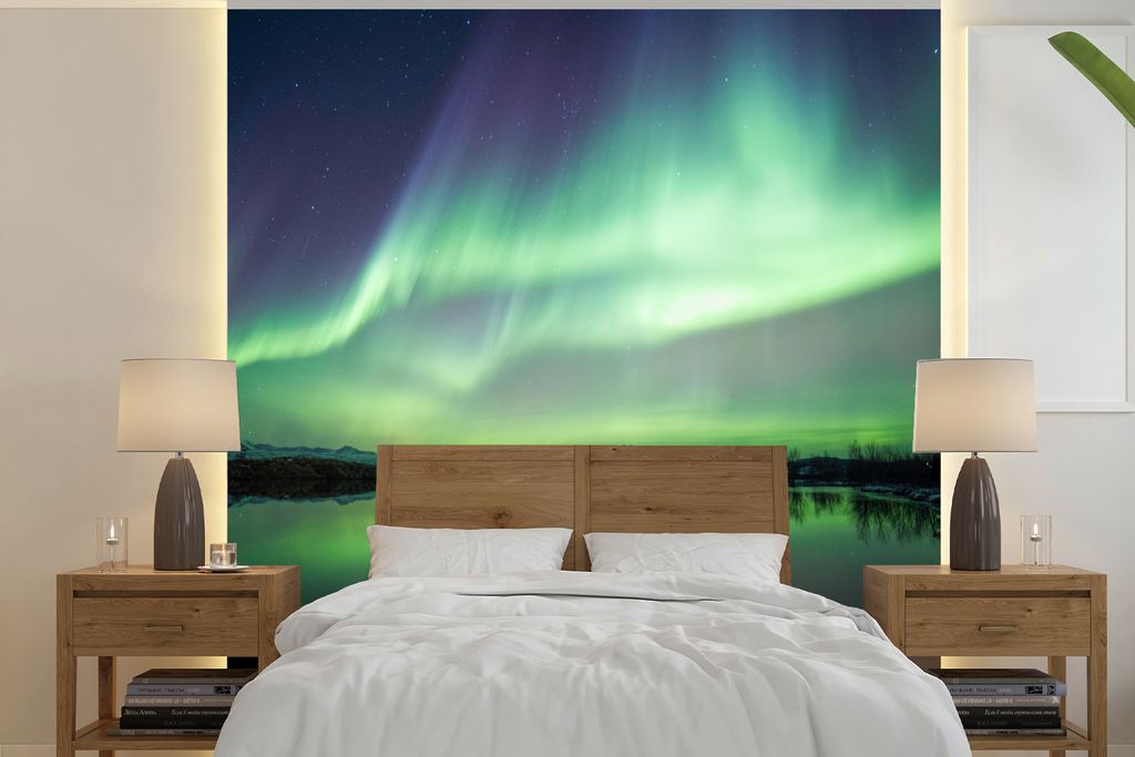 MuchoWow Fototapete für Wohnzimmer oder Schlafzimmer Wandtapete Vinyl Motivtapete Nordlicht - See - Island - Grün - Wald - Schnee - 300x300 cm ...