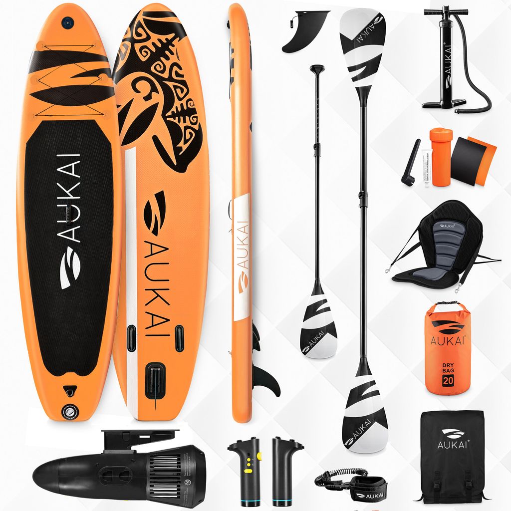 Stand Up Paddle Board 320cm mit Elektromotor & Kajak Sitz, Paddel und Doppelpaddel SUP Surfboard aufblasbar Surfbrett Paddelboard - Ocean orange