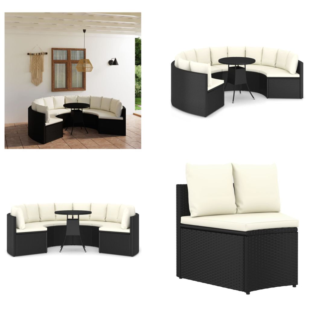 vidaXL 7 tlg. Garten Sofagarnitur mit Auflagen Poly Rattan Schwarz - Garten-Lounge-Set - Garten-Lounge-Sets - Gartenmöbel - Gartenmöbel-Set