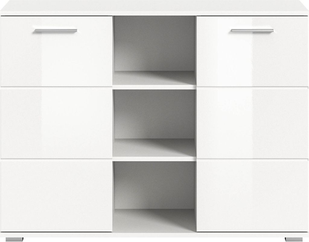 A white sideboard with two doors and three open shelves.