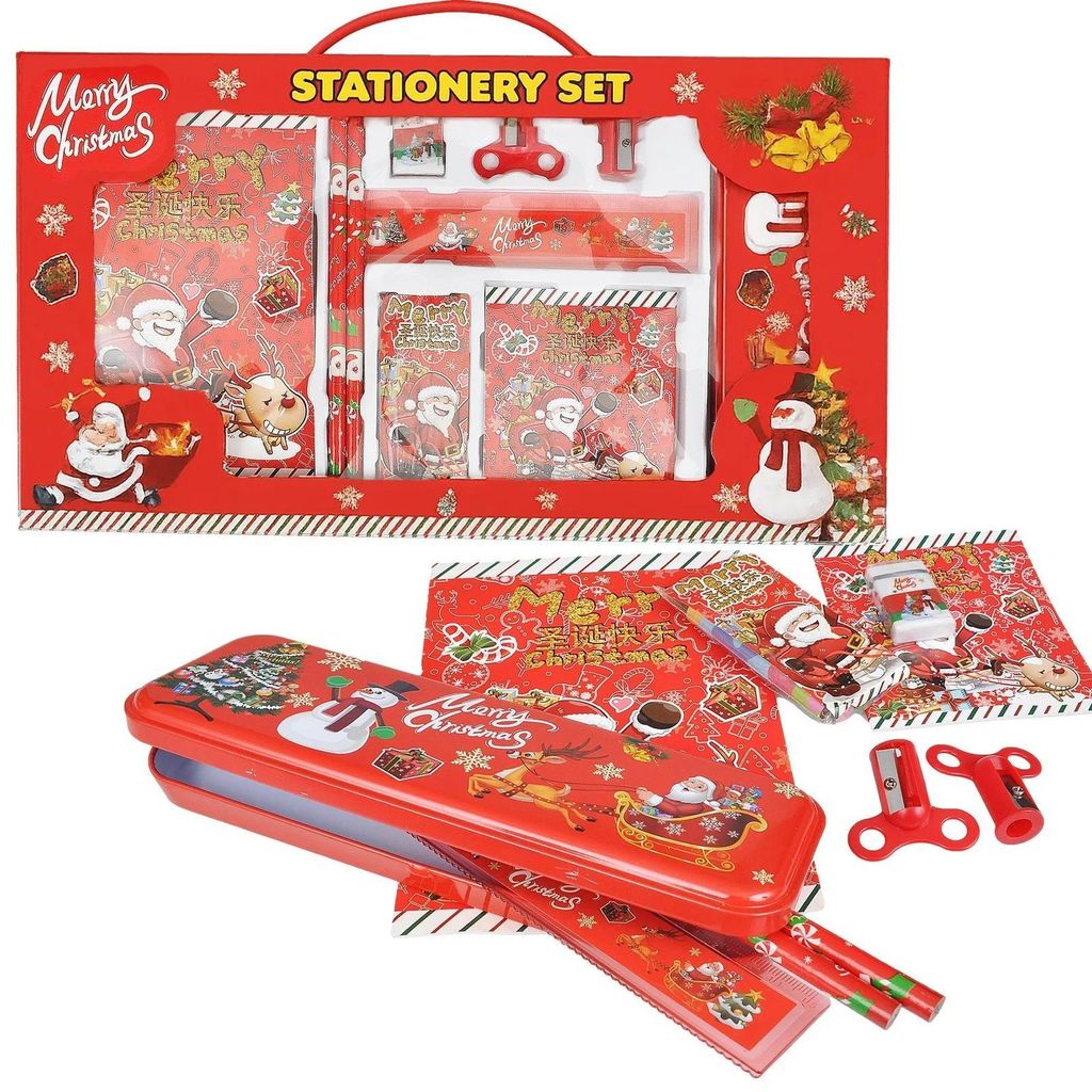 Schulartikel Set Geschenk, Nikolaus Kinder Schulbedarf, Metall-Federmäppchen, 10-teiliges Schreib- und Malset mit Wachsmalstiften
