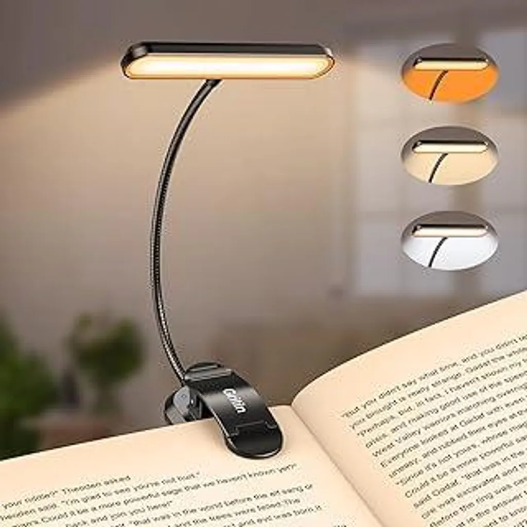 Lampada da lettura Gritin con morsetto per libri con 19 LED, lampada da lettura con 3 modalità di temperatura del colore e 5 livelli di luminosità regolabili, lampada con morsetto ricaricabile tramite USB, luce da lettura flessibile a 360° per leggere a letto la sera (nera)