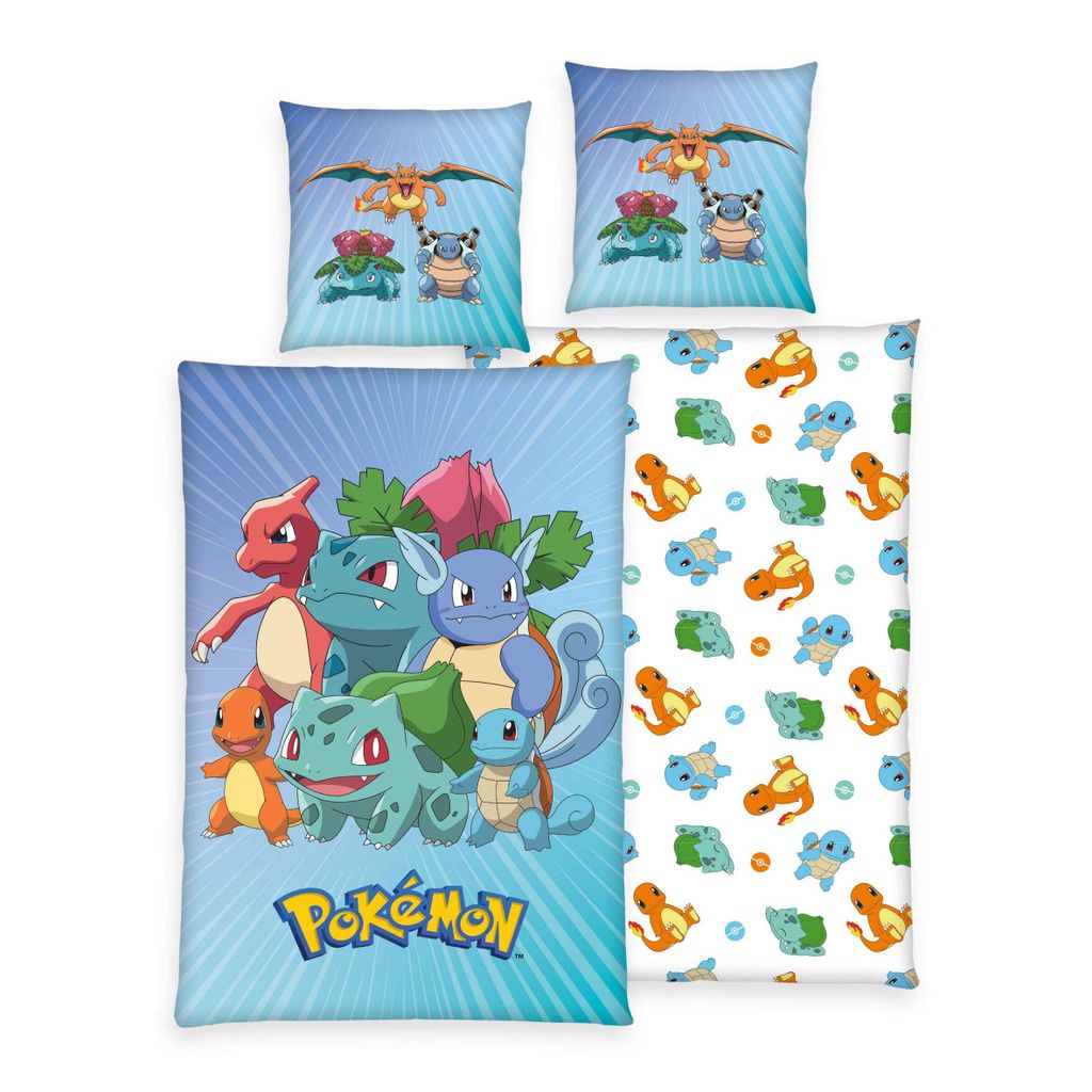 A collection of Pokémon bedding items, including pillowcases and a duvet cover, displayed against a white background.