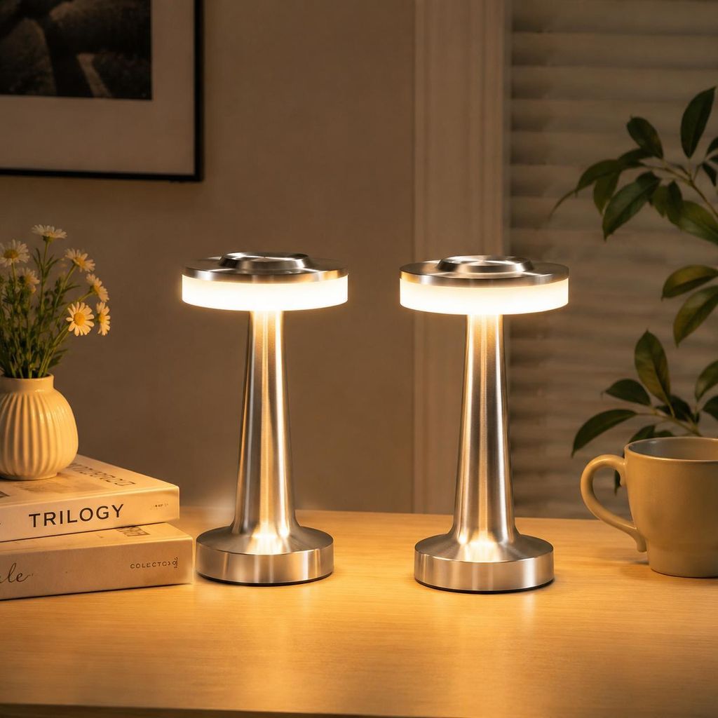 2X LED Schreibtischlampe,Touch Steuerung Augenschutz Leselampe,Kabellos Dimmbar Tischleuchte,dreifarbige Lampe,Nachttischlampe,Nachtlicht,Silber