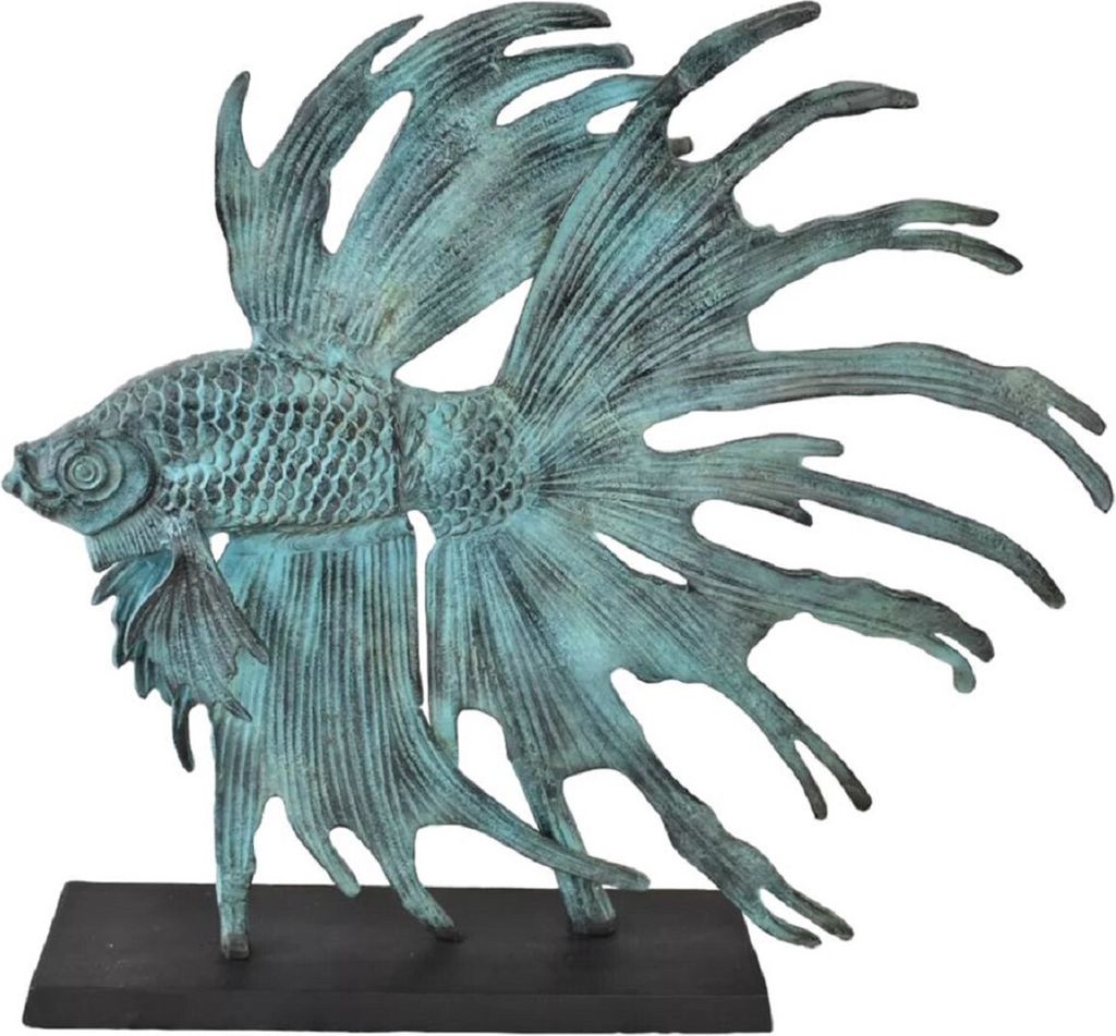 Casa Padrino Luxus Aluminium Deko Skulptur siamesischer Kampffisch Türkis / Schwarz 55 x 11,5 x H. 52,5 cm - Aluminium Deko Figur mit Holzsockel -...