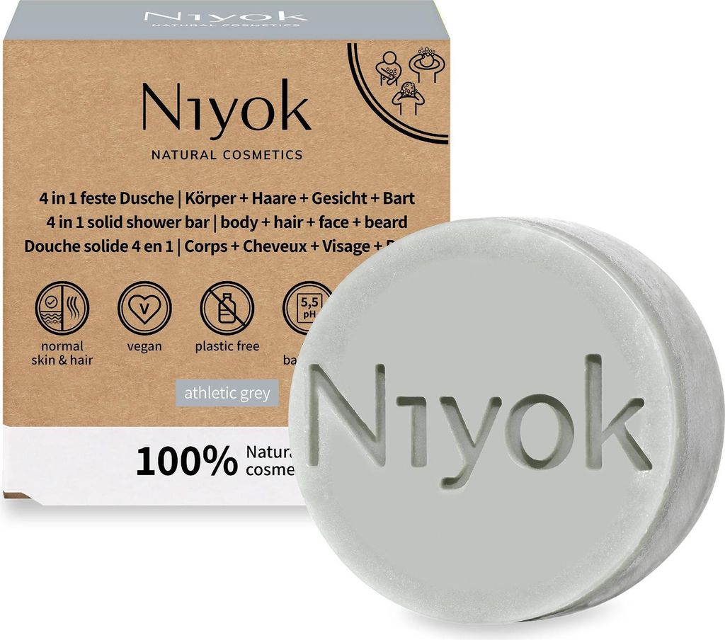 Niyok 4-in-1 Feste Dusche "Athletic Grey" 80g, Seife für Körper + Haare + Gesicht + Bart, Nachhaltige All-in-One Körperpflege