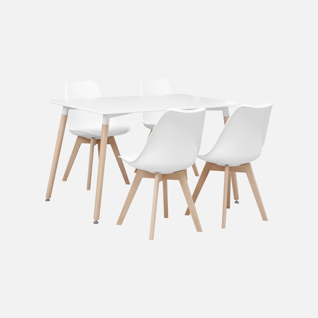 A white rectangular dining table with four white chairs with wooden legs, set against a plain white background.