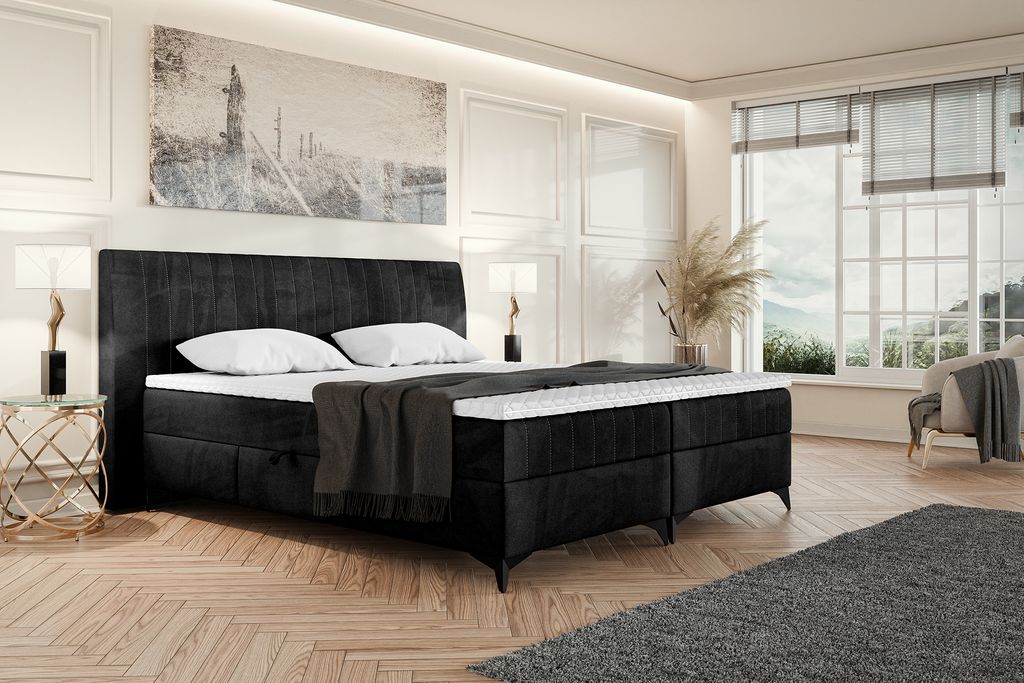MEBLINI Boxspringbett mit Bettkasten - Gepolstert Doppelbett mit Matratze und Topper - Polsterbett mit Stauraum - Bett mit Kopfteil - Stauraumbett ...