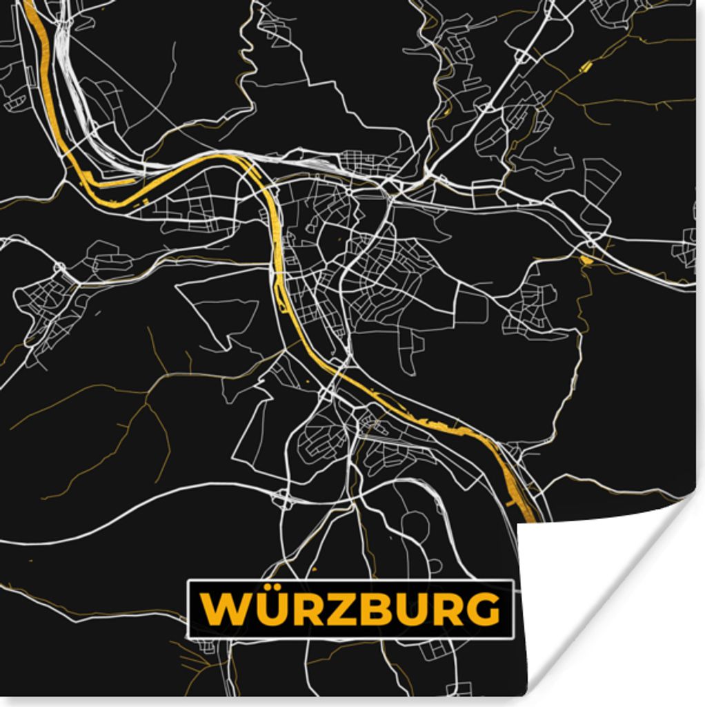 MuchoWow Poster Stadtplan - Deutschland - Gold - Würzburg - Karte 75x75 cm - Wand Dekoration