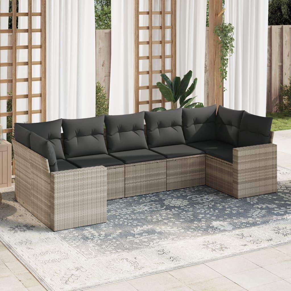 Industrie-Stil 7-tlg. Garten-Sofagarnitur Sofa Set mit Kissen Hellgrau Poly Rattan Terrassenmöbel2024 cloris