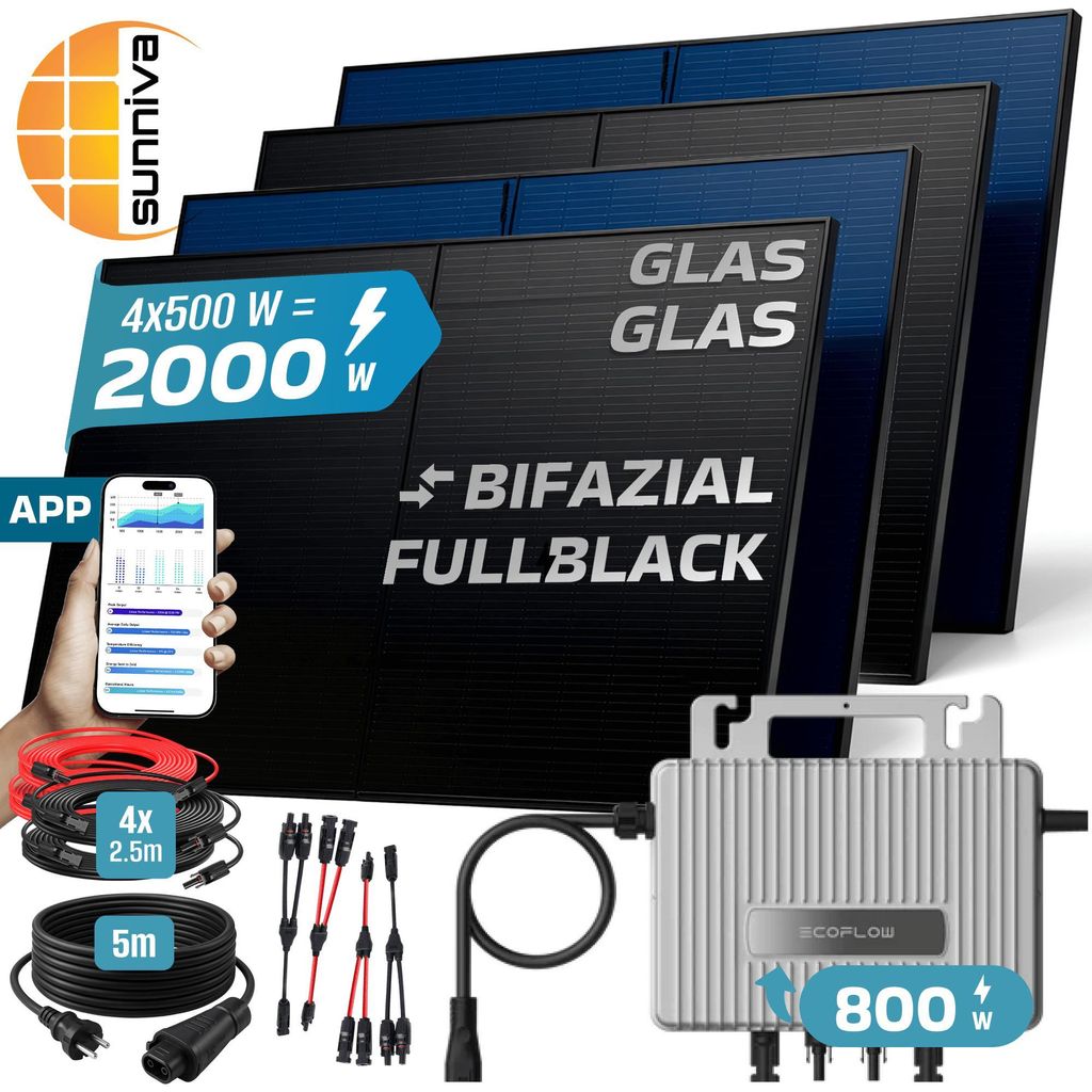 SUNNIVA 2000W Balkonkraftwerk BIFAZIAL FULLBLACK komplett Steckdose Ecoflow 800W Wechselrichter, PV Solaranlage, 5m Kabel, Bluetooth WIFI