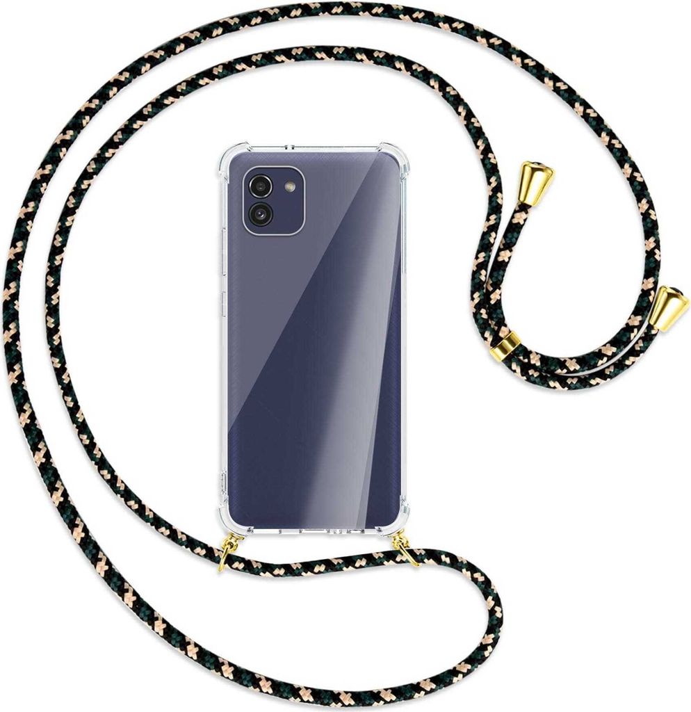 Handykette Backcover-Schutzhülle mit Band (Metall goldfarben) für Samsung Galaxy A03 4G - camouflage